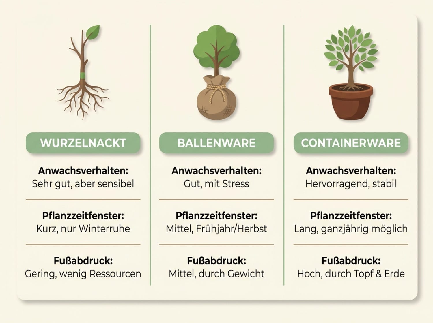 Infografik mit Vergleichstabelle der drei Baum-Anzuchtformen Wurzelware, Ballenware und Containerware nach Anwachsverhalten, Pflanzzeitfenster und Fußabdruck, klare deutsche Beschriftungen, minimalistisches Diagramm-Design in Grün- und Erdtönen