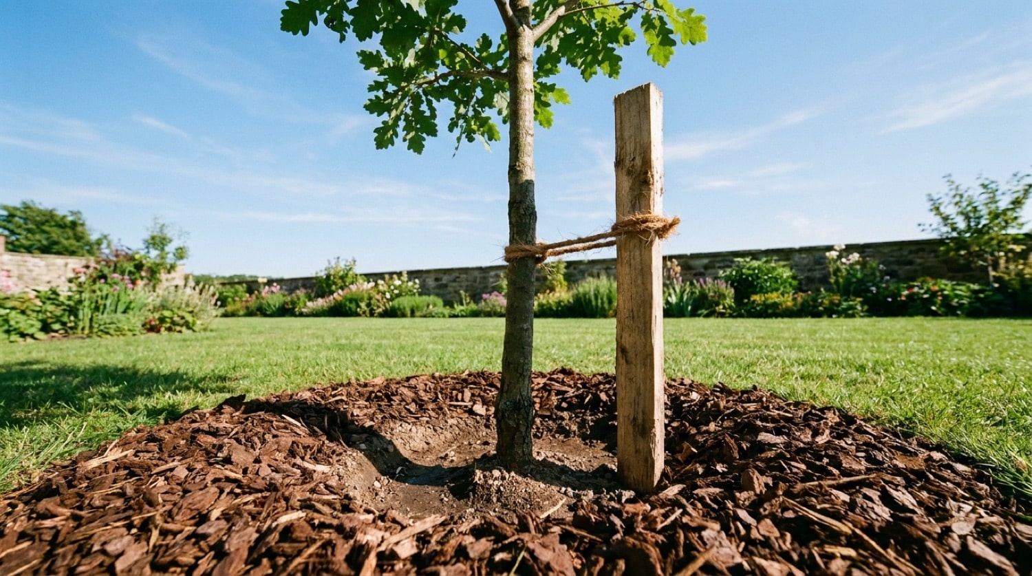 Frisch gepflanzter junger Baum mit Stützpfahl, Mulchschicht aus Rindenmulch am Wurzelbereich, Gießring aus Erde rund um den Stamm, sonniger Garten