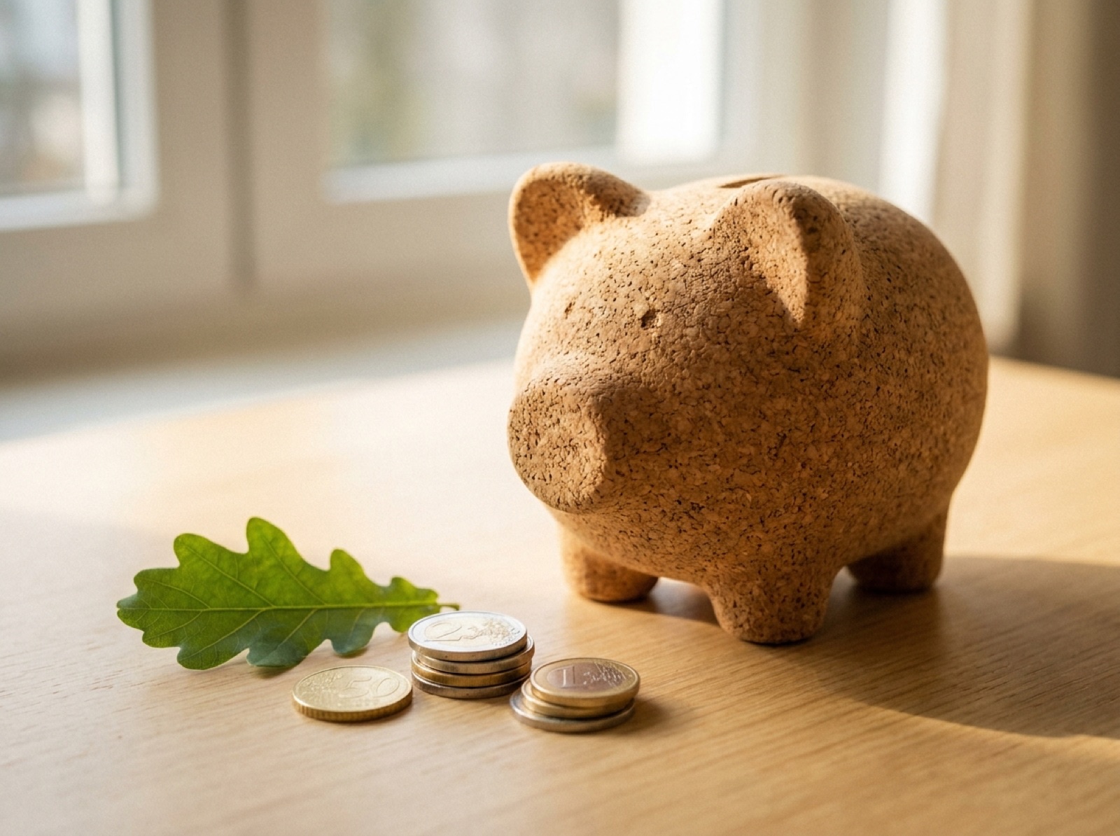 Cork-Sparschwein mit Euromünzen und grünem Blatt auf hellem Holztisch